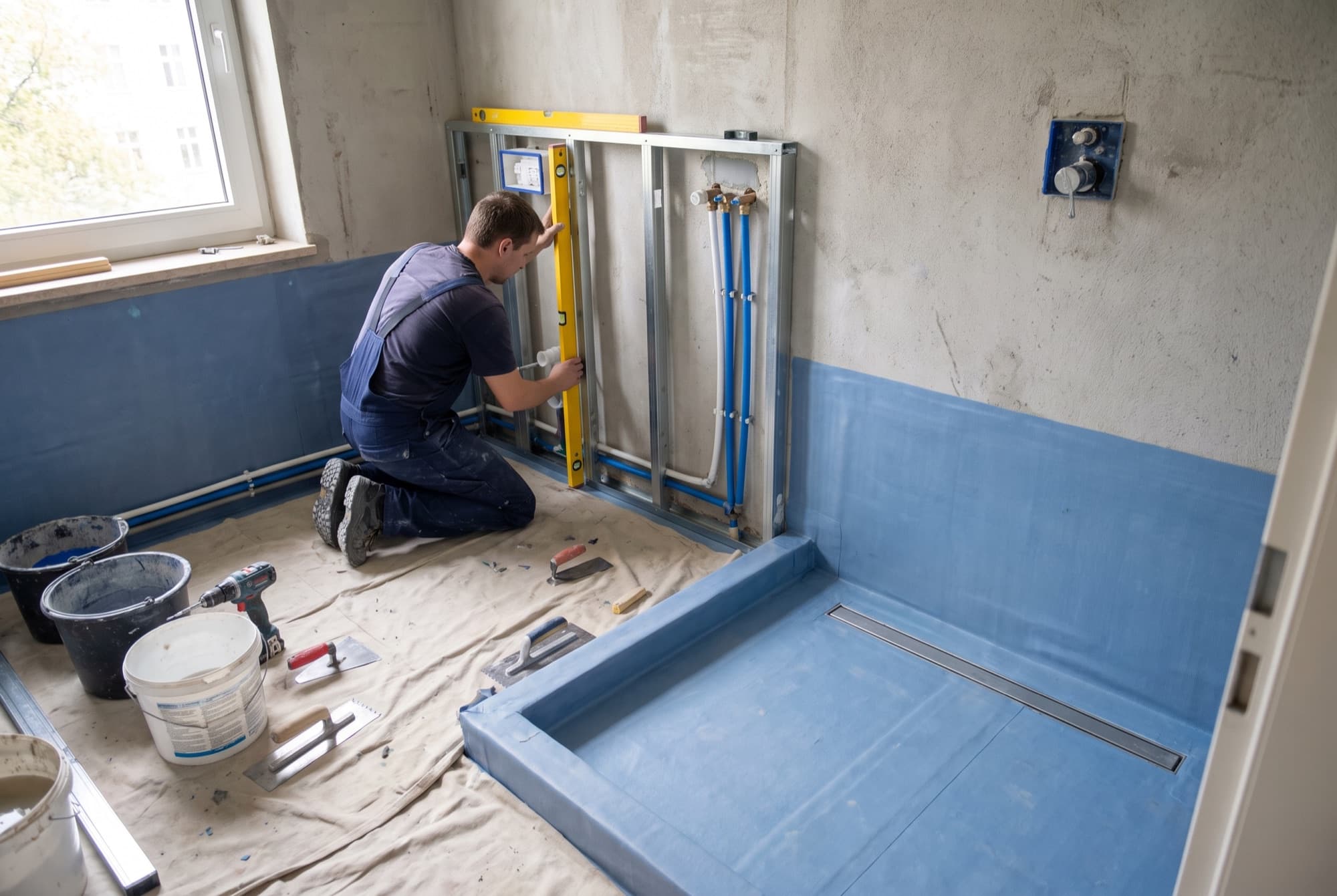 Sanitärinstallateur richtet eine Vorwandinstallation mit Wasserwaage aus