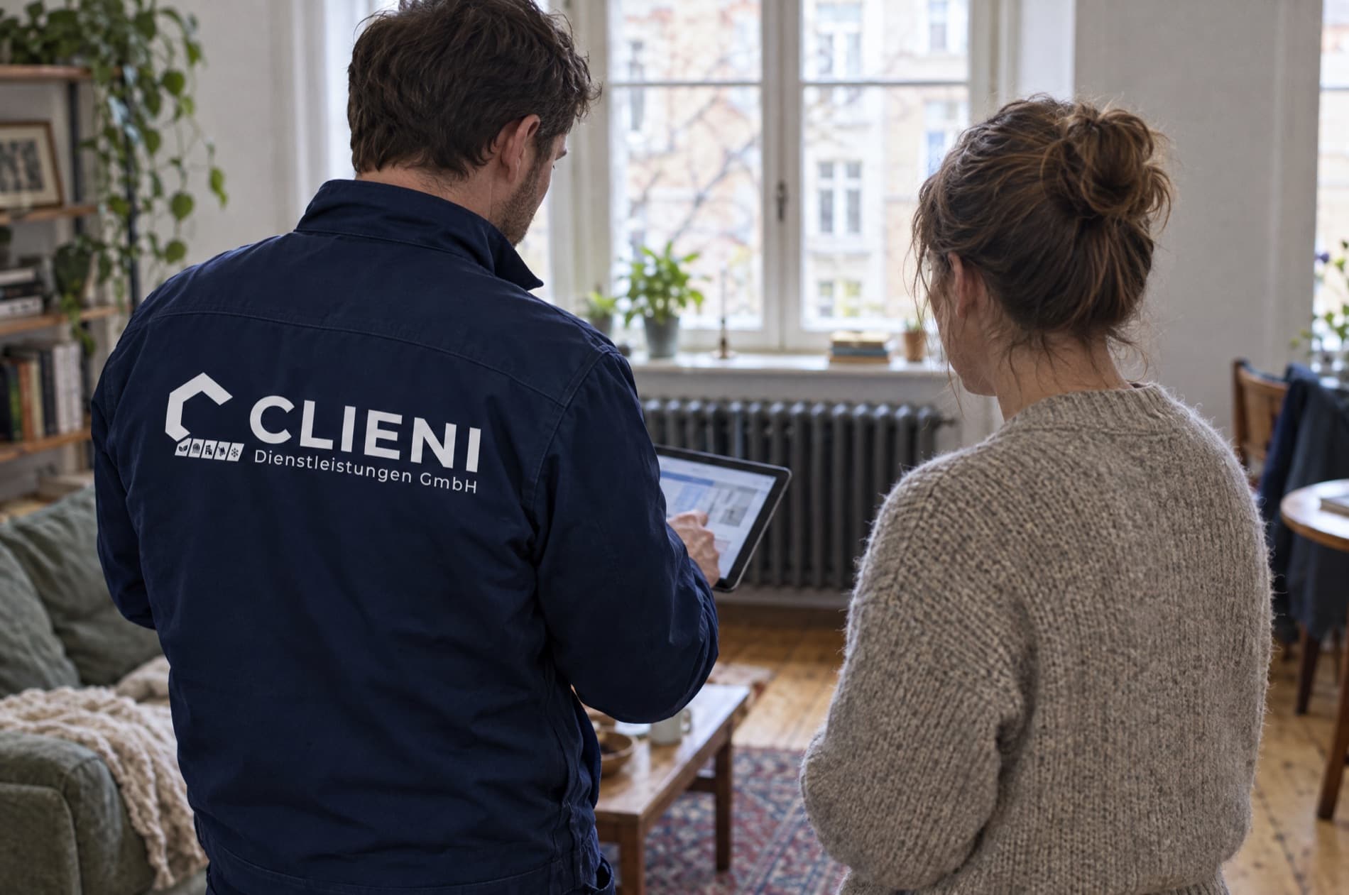 Monteur zeigt einer Bewohnerin in einer Berliner Altbauwohnung die Planung auf dem Tablet