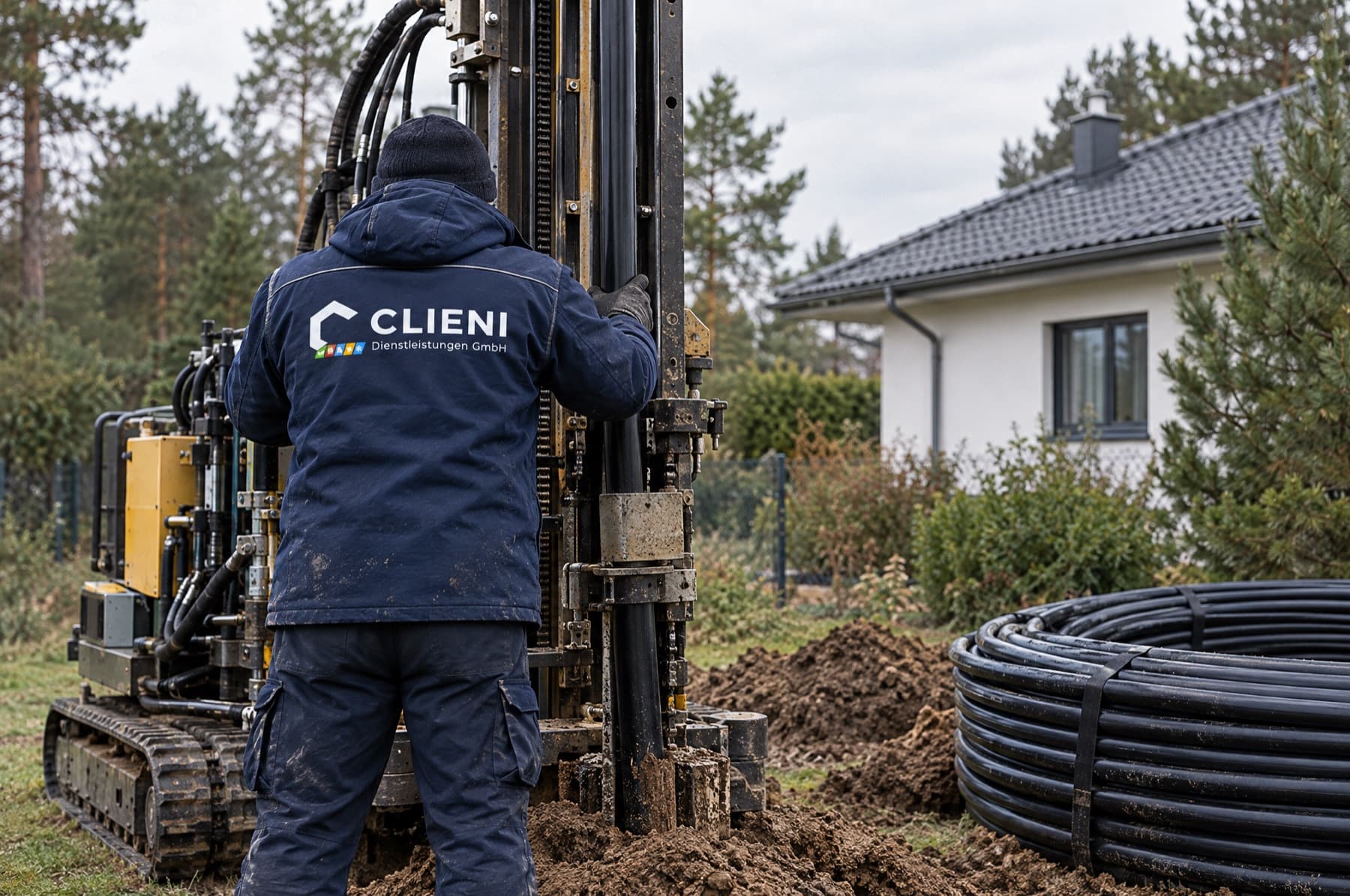Bohrgerät für eine Erdwärmesonde im Garten eines Einfamilienhauses