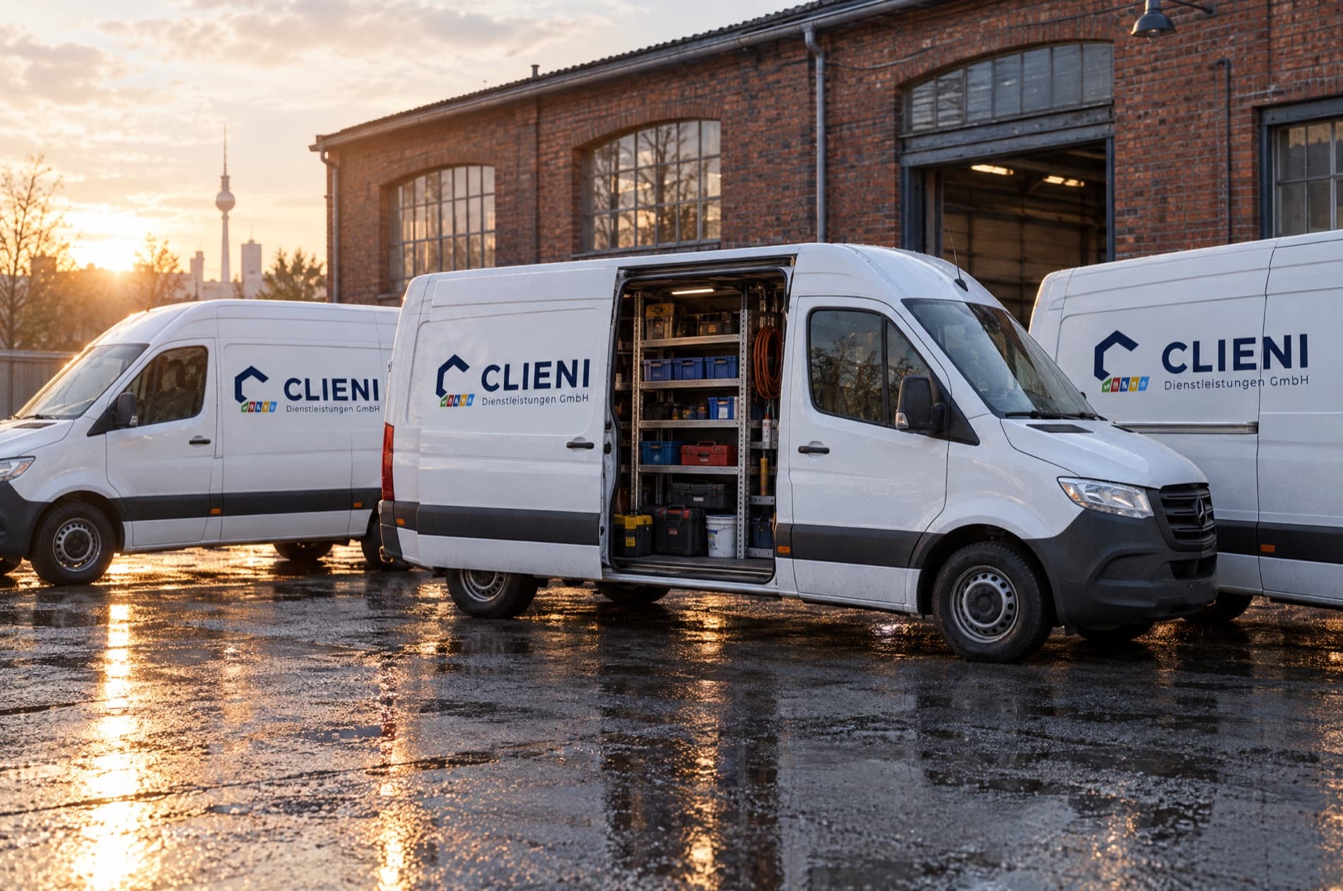 Einsatzfahrzeuge von CLIENI am Morgen auf dem Betriebshof in Berlin, die Seitentür eines Transporters steht offen und zeigt das sortierte Materiallager
