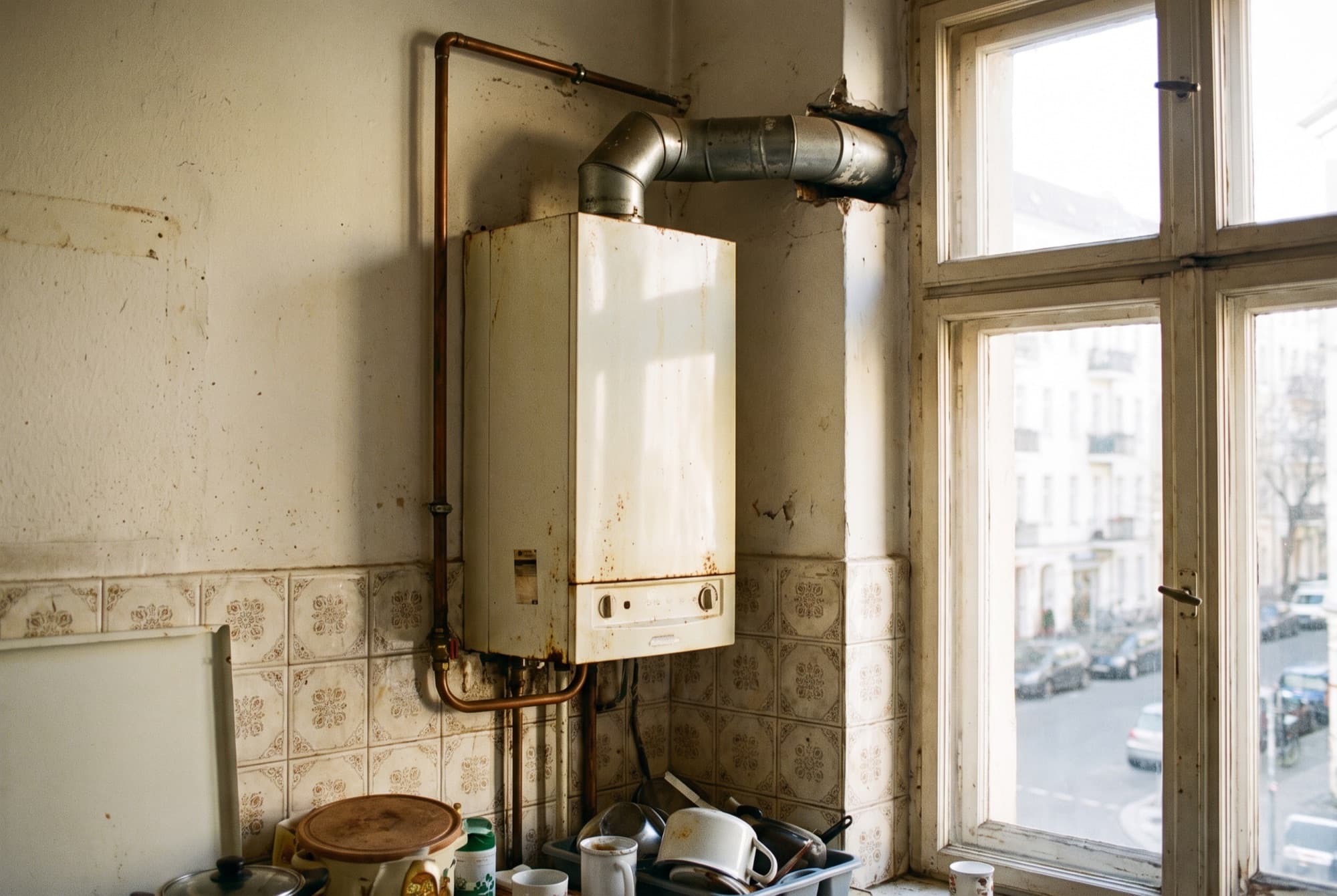 Alte Gastherme einer Gasetagenheizung in der Küche einer Berliner Altbauwohnung