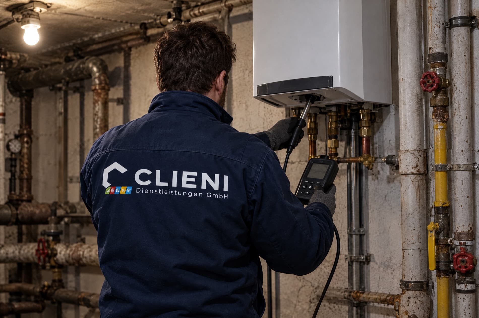 Heizungstechniker misst an einer geöffneten Gas-Brennwerttherme die Verbrennungswerte