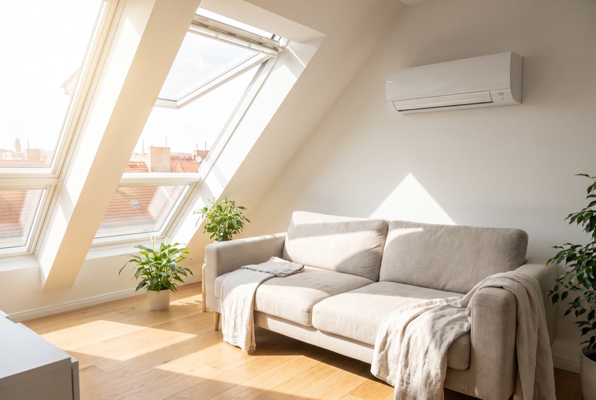 Split-Klimagerät in einer hellen Berliner Dachgeschosswohnung im Sommer