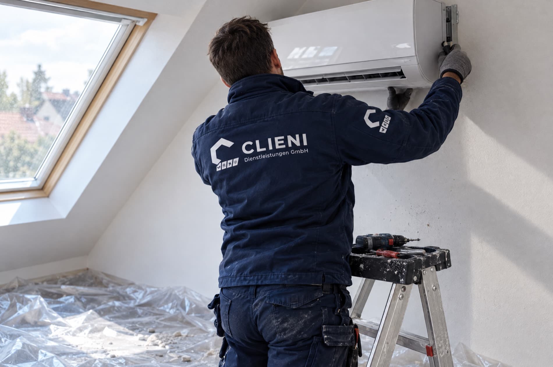Montage eines Split-Klimageräts an der Wand einer Berliner Dachgeschosswohnung