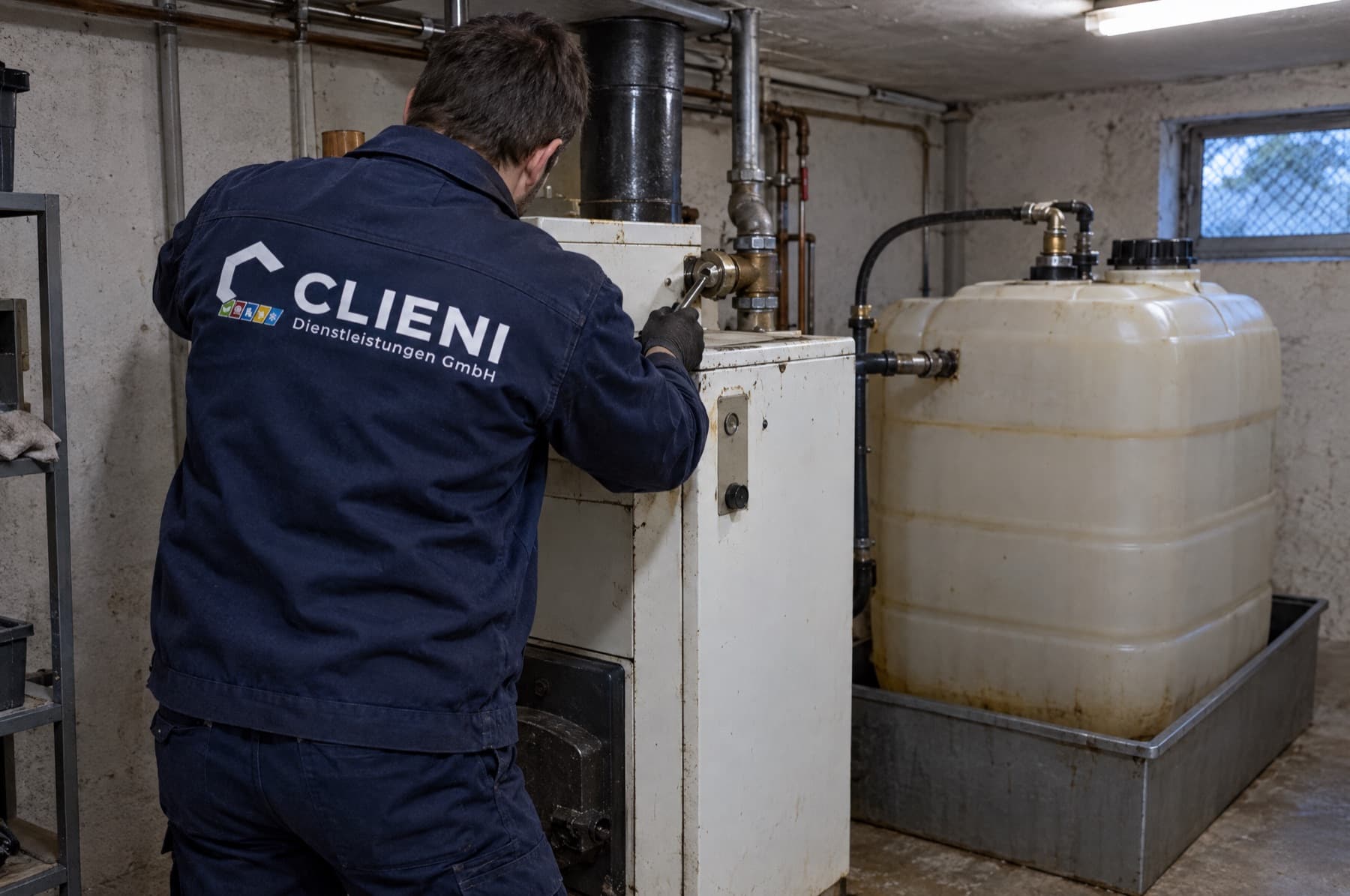 Monteur demontiert einen alten Ölheizkessel neben dem Öltank im Keller