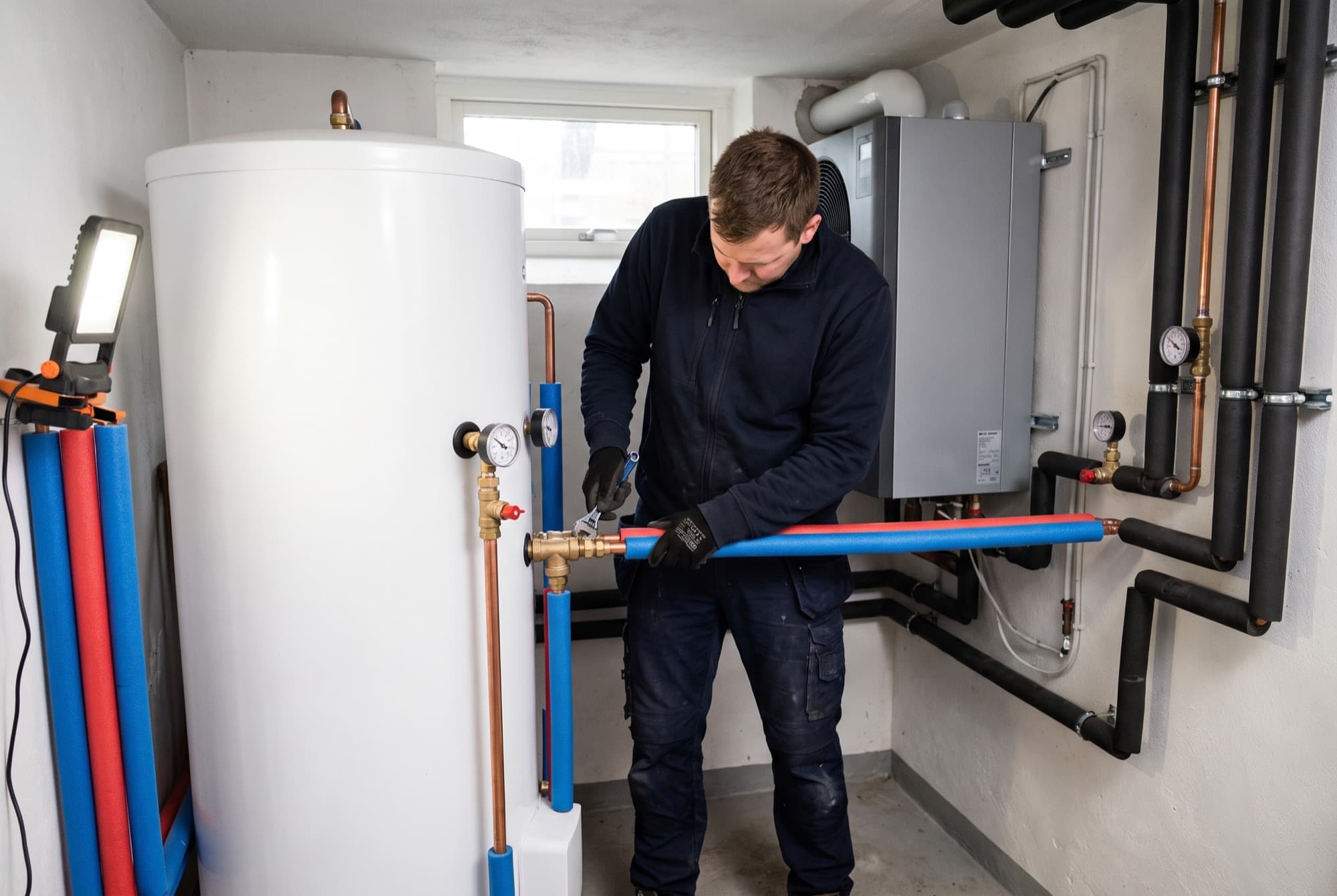 Installateur schließt gedämmte Leitungen an eine Wärmepumpenanlage im Keller an