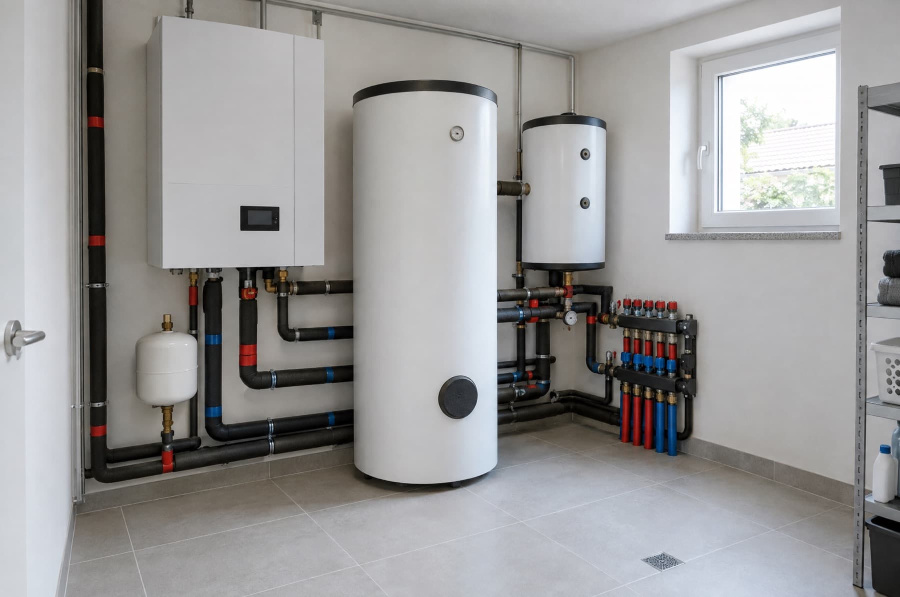 Technikraum mit Wärmepumpen-Innenmodul, Warmwasserspeicher und Heizkreisverteiler