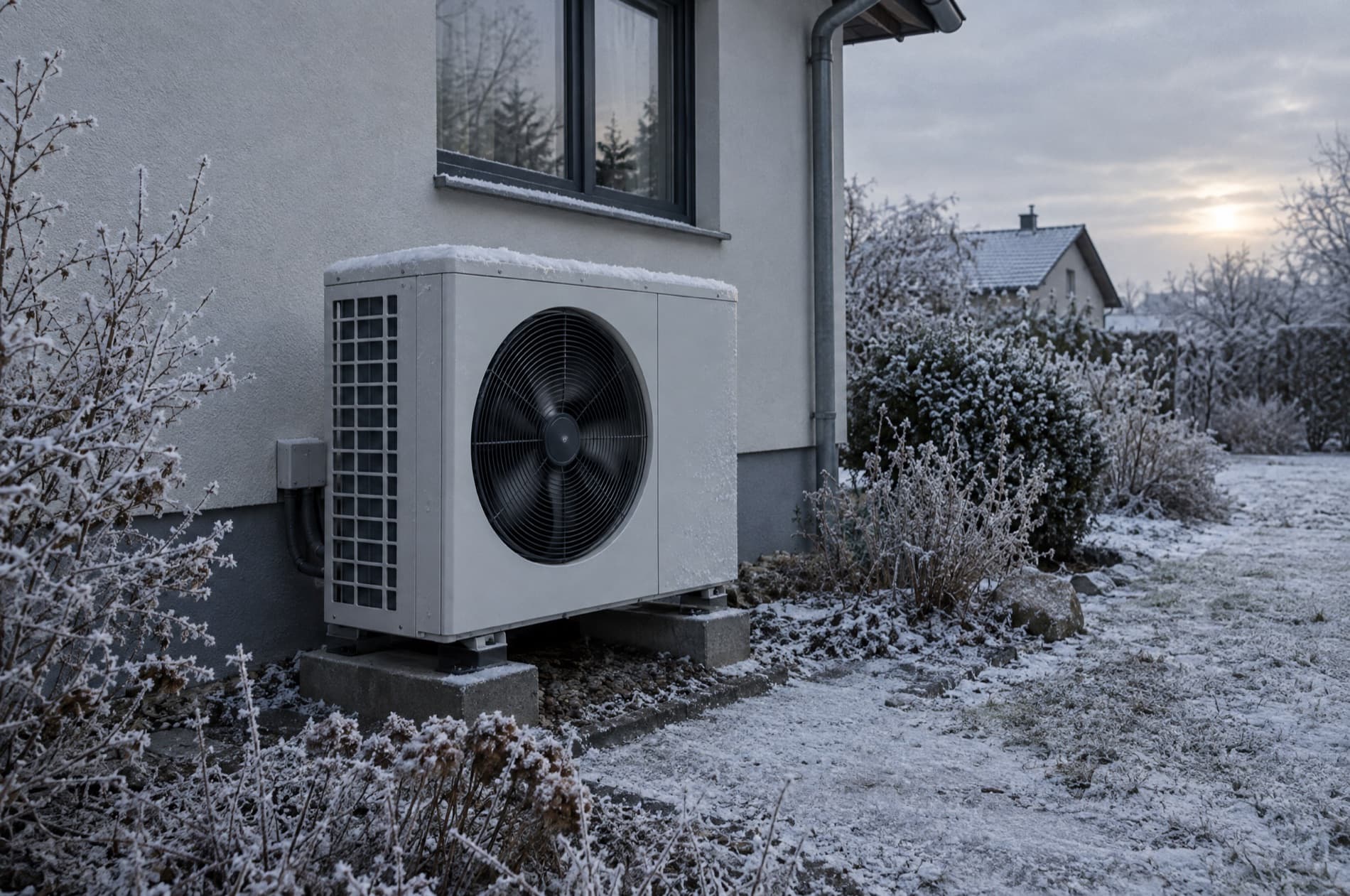 Luft-Wasser-Wärmepumpe im Betrieb an einem frostigen Wintermorgen